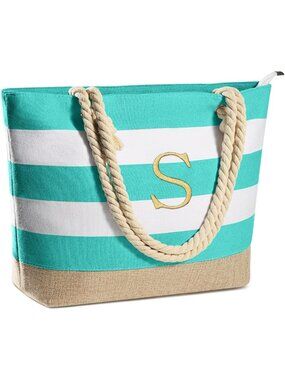 Blue Waterproof Canvas Beach Tote Bag with Zipper - Travel Essential